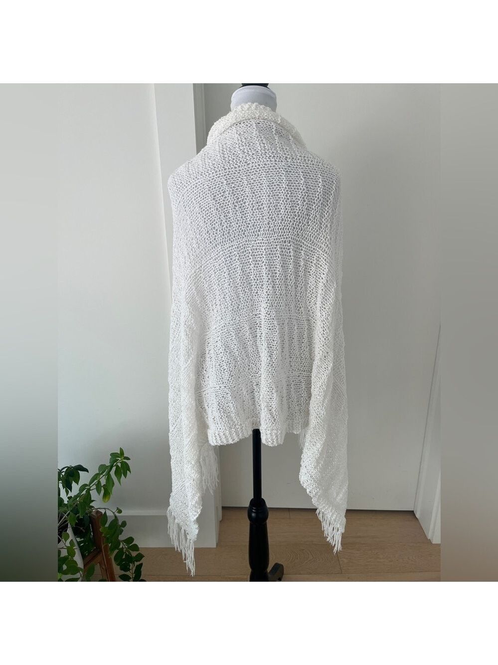 HANDMADE White Scarf Shawl Wrap Fringe Lacy Open Knit Coastal Travel Dainty Chic